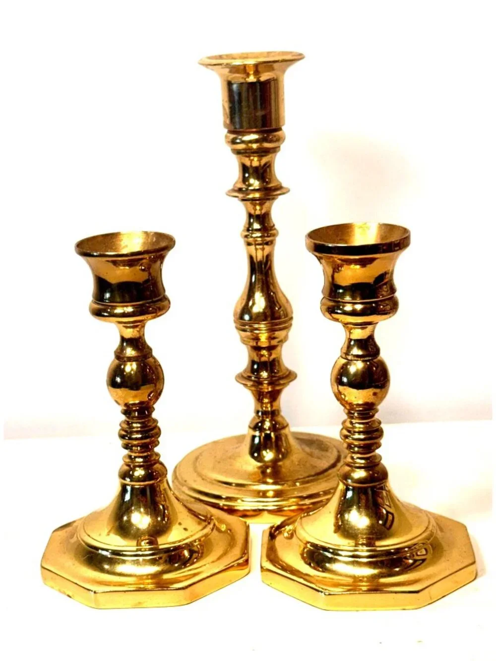 Brass Candlesticks Candle Holders Set of 3 Octagon Base Antique